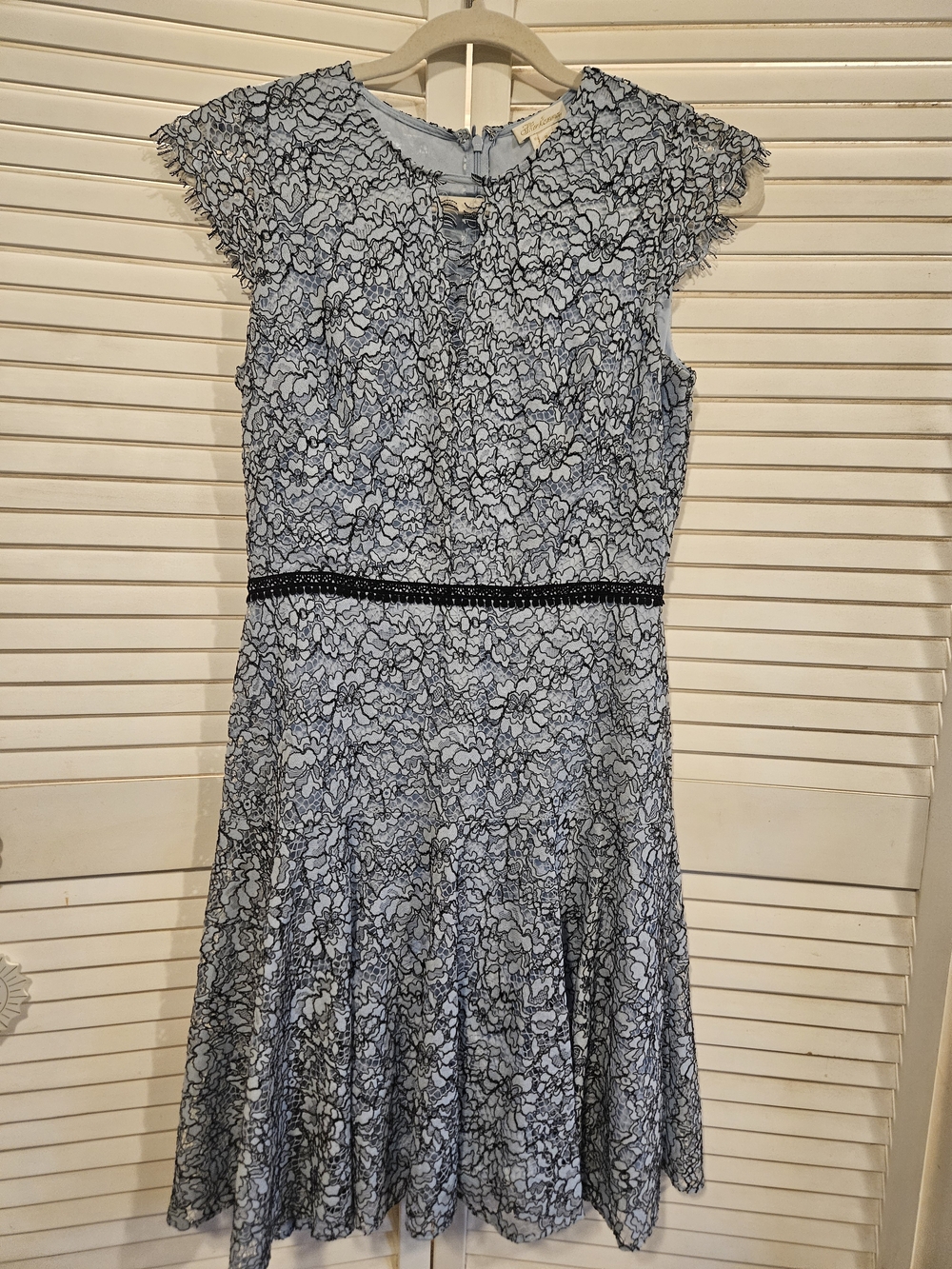 Shoshanna Pale Blue Lace Midi Dress with Black Waist Trim